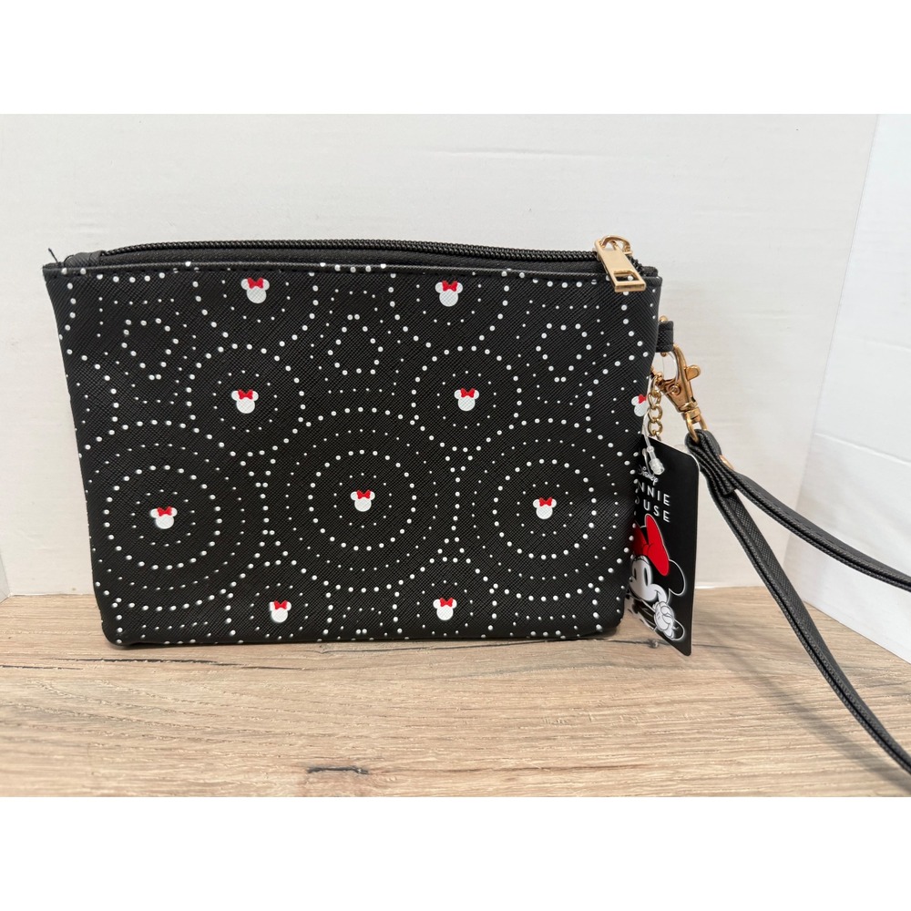 Disney Minnie Mouse Wristlet Pouch Bioworld Black Polka Dot Initial M Charm NEW - Picture 3 of 8